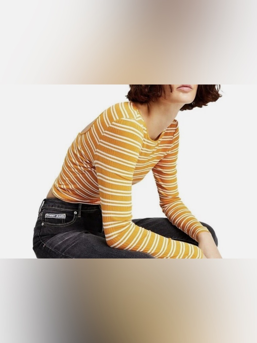 Tommy Hilfiger Mustard and White Striped Long-Sleeve Top